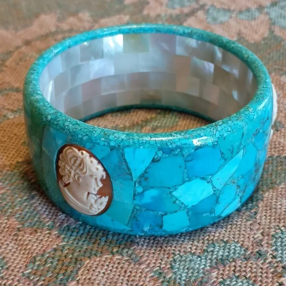 Unique Turquoise & Cameo Mosaic Bangle Bracelet - Picture 6 of 9